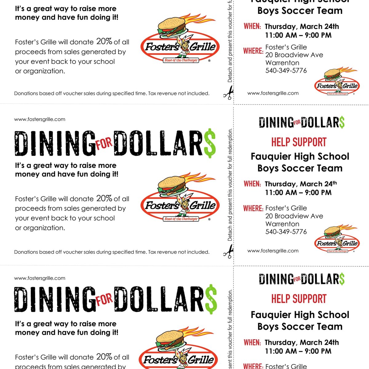 Stop by the Warrenton Fosters anytime today from 11-9 and mention Boys Soccer for our fundraiser!  We hope to see you there.
