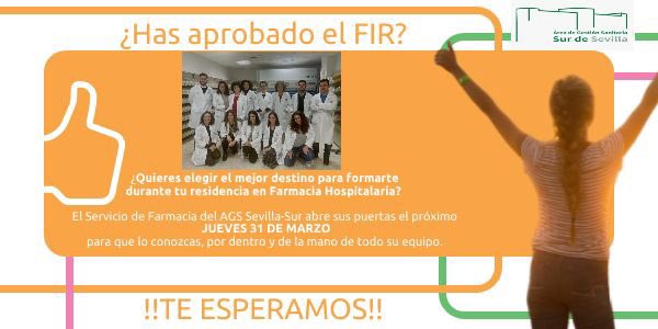 cpvfarvalme's tweet photo. ¿Has aprobado el FIR? Jornadas de puertas abiertas en el @AGSSurSevilla el próximo día 31 de marzo.
✏️ 10:00 H sesión general en el salón de actos
🏥 11,30 H ruta por el servicio de farmacia 

!no te lo pierdas!! https://t.co/nKyL4pjUnI