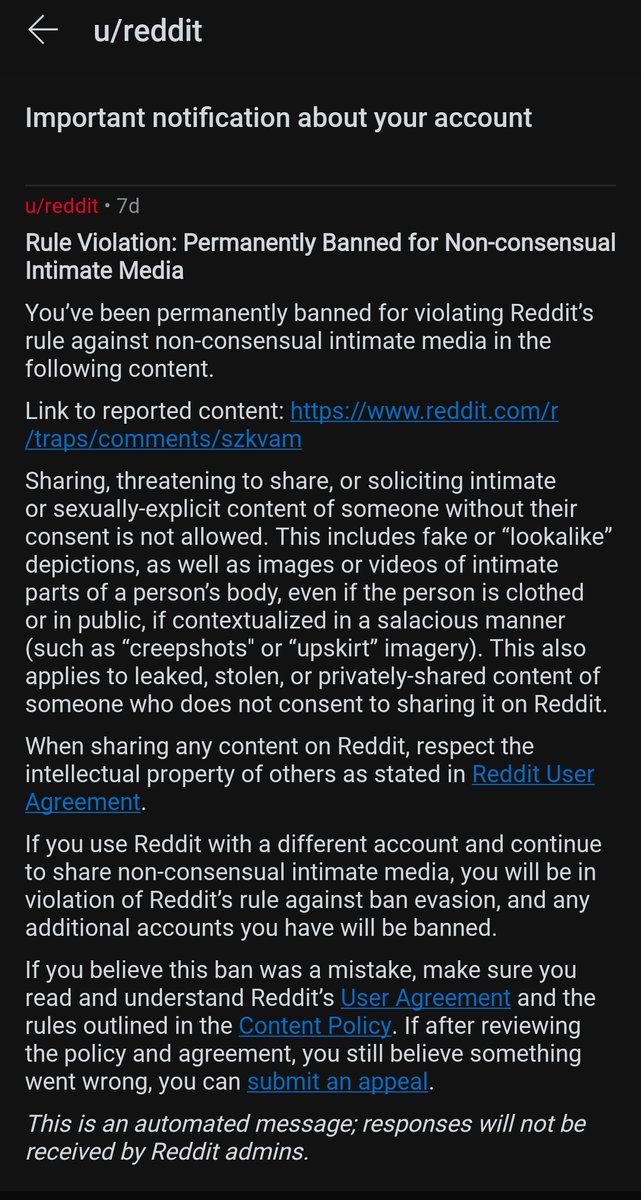 AshSleeper's tweet photo. So my account was banned for non consentual intimate media, but I only post photos of myself, I'm a little confused to why the ban stayed in place? The user name was notheress @Reddit @Reddit_UK https://t.co/nlCeJ0GL1N
