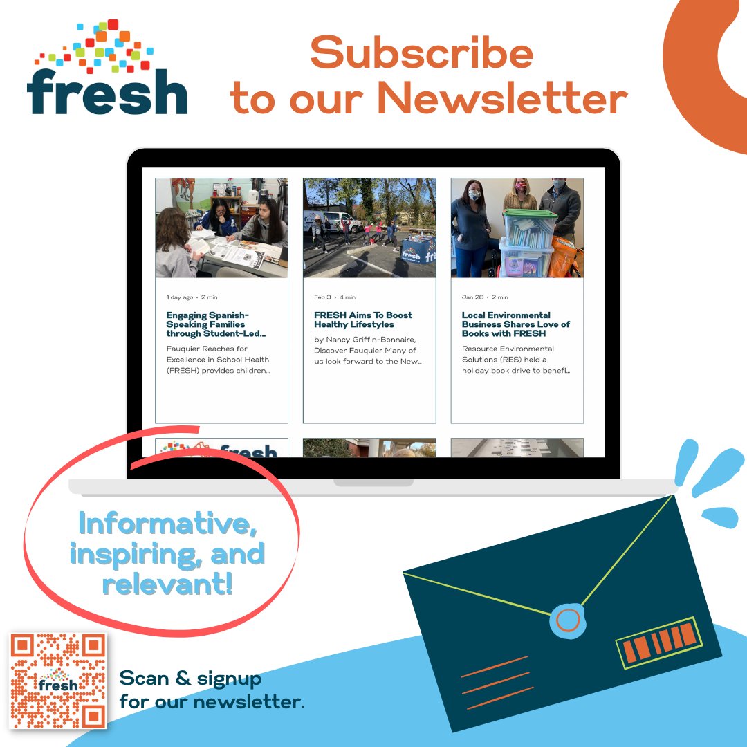 FIT4FCPS1's tweet photo. Get the latest monthly updates from FRESH about FRESH Eats, FRESH Moves, and FRESH Reads. See how we encourage children to have healthy lifestyles, discover new books, and check out our fun activities. Scan the QR code and sign up for our newsletter! #FRESHteam https://t.co/lcdjvDe3cV