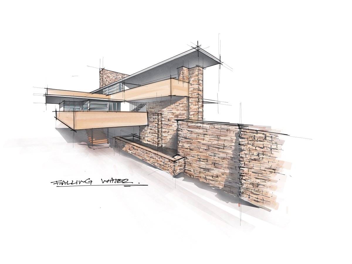 Today's feature is a beautiful architectural render #sketch by Joel Wilson  of the iconic #FrankLloydWright home – Fallingwater. The home showcases  Wright's organic architectural theories, seeking to link people, # architecture, and nature., image size:1200x900