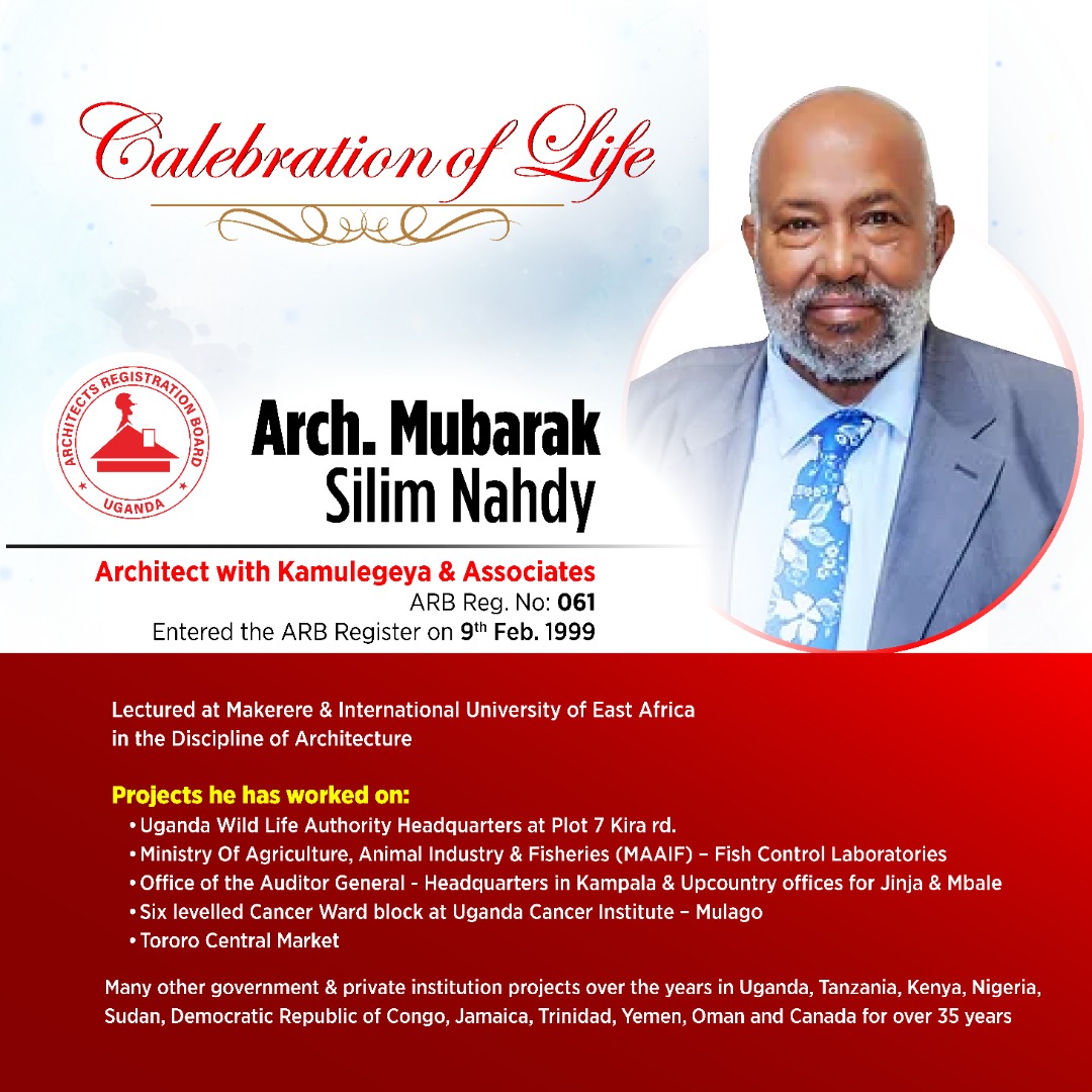 Architects Registration Board - Uganda (@arbuganda) on Twitter photo It is with deep sorrow that <a href="/ARBUganda/">Architects Registration Board - Uganda</a> announces the death of Arch. Mubarak Silim Nahdy, Reg. No: 061. Arch. Nahdy has been an architect working with Kamulegeya and associates. The architect fraternity will miss you. <a href="/kaigu55/">Robert H Kiggundu</a> <a href="/NyanziWahab/">Abdu-Wahab Nyanzi</a> <a href="/Kajumba16/">Kajumba Sendi</a> <a href="/UgArchSociety/">Uganda Society of Architects</a> <a href="/JacintaKabs/">Jacinta Kabarungi</a> It is with deep sorrow that <a href="/ARBUganda/">Architects Registration Board - Uganda</a> announces the death of Arch. Mubarak Silim Nahdy, Reg. No: 061. Arch. Nahdy has been an architect working with Kamulegeya and associates. The architect fraternity will miss you. <a href="/kaigu55/">Robert H Kiggundu</a> <a href="/NyanziWahab/">Abdu-Wahab Nyanzi</a> <a href="/Kajumba16/">Kajumba Sendi</a> <a href="/UgArchSociety/">Uganda Society of Architects</a> <a href="/JacintaKabs/">Jacinta Kabarungi</a>
