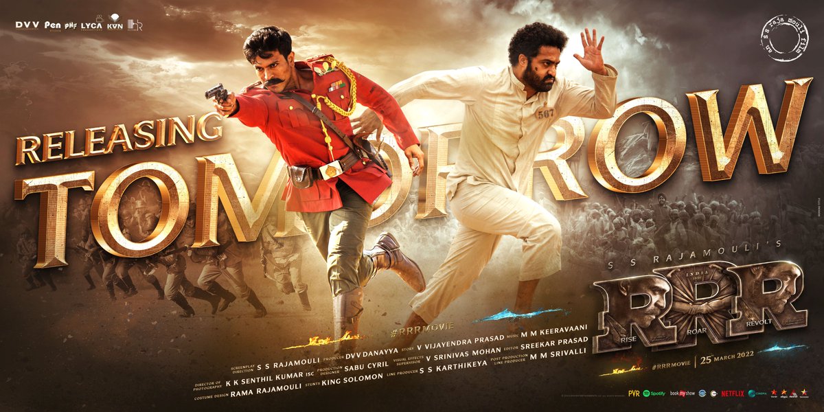 Theabdulhanandf's tweet photo. #RRReady! 

Wishing the captain @ssrajamouli Garu..my brothers @tarak9999 , @AlwaysRamCharan &amp; the rest of the a RRR my all the best! 

COMING TOMORRROW 

Get ready, world to witness RAM &amp; BHEEM in your nearest screens… Only a Few hours to go!

#RRRMovie #RRRFromTomorrow https://t.co/9eeizP2ZT6