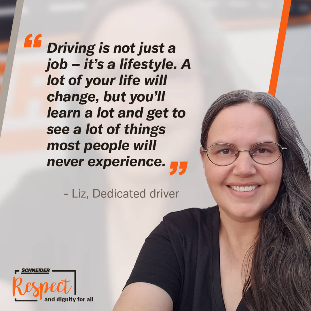 WeAreSchneider's tweet photo. Today we spotlight Dedicated driver, Liz Ladnier. Liz started her driving career at Schneider 11 years ago and loves the freedom the career gives her and strongly encourages other women to consider becoming truck drivers. Thank you Liz for everything you do! #WomensHistoryMonth https://t.co/PJT5Hnafc9