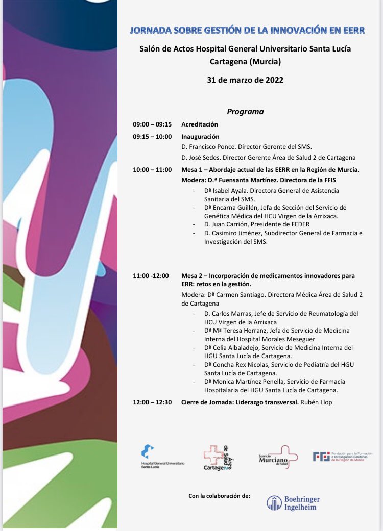El Hospital Santa Lucía acoge el próximo día 31 de marzo la Jornada sobre Gestión de la Innovación en enfermedades Raras con <a href="/Murciasalud/">Murciasalud</a> <a href="/IMIB_RMurcia/">Instituto Murciano de Investigación Biosanitaria</a> <a href="/BoehringerES_AH/">Boehringer Animal Health España</a> <a href="/FFIS_CARM/">Fundación FFIS</a>