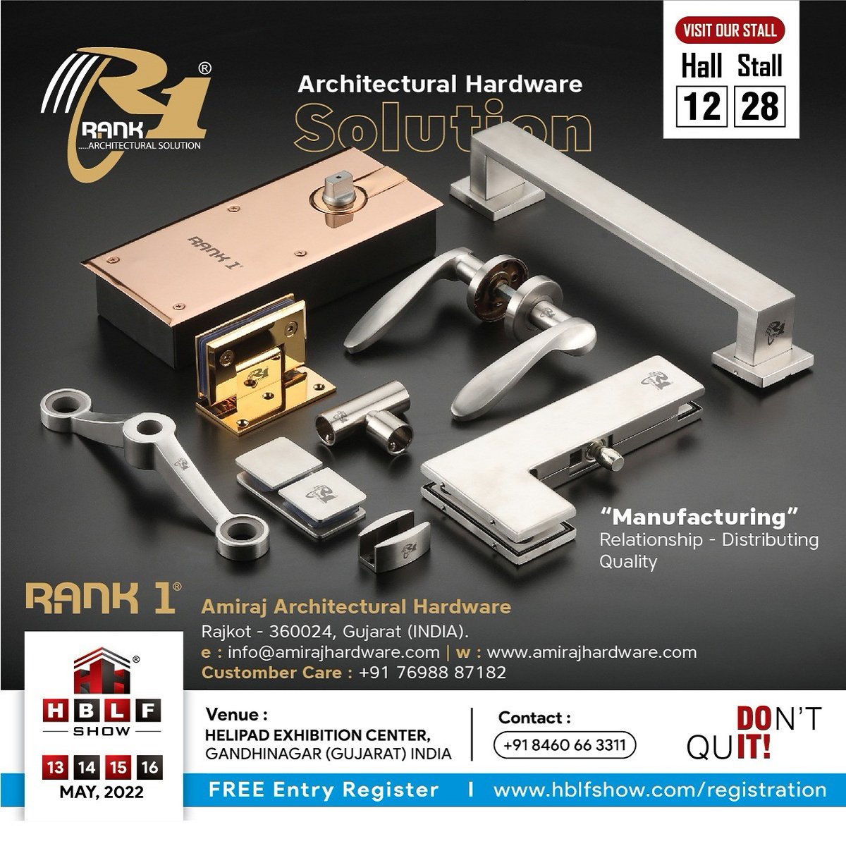 HardwareSamachr's tweet photo. #AmirajHardware invites you to visit their Stall-28 in Hall-12 in #HBLFShow 2022 at Helipad Exhibition Centre, Gandhinagar from 13th to 16th May 2022 to explore its door fittings accessories. #ArchitecturalHardware #hardwaretraders #hardwaresupplier #HardwareSupplier #doorfitting https://t.co/7zdgbVeING