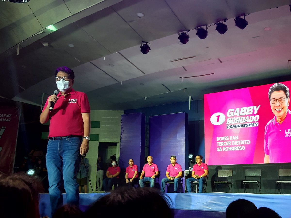 PinkJourna's tweet photo. HAPPENING NOW: Re-running Congressman Gabby Bordado introduces the councillor slate of Re-running Legacion. Namely: Abonal-Gomez, Albeus, Dodit, Buenafe, Castillo, Buddy, Lito, Joe Perez, Sonny Rañola, and Oying.

March 24, 2022. https://t.co/JptQINQao9