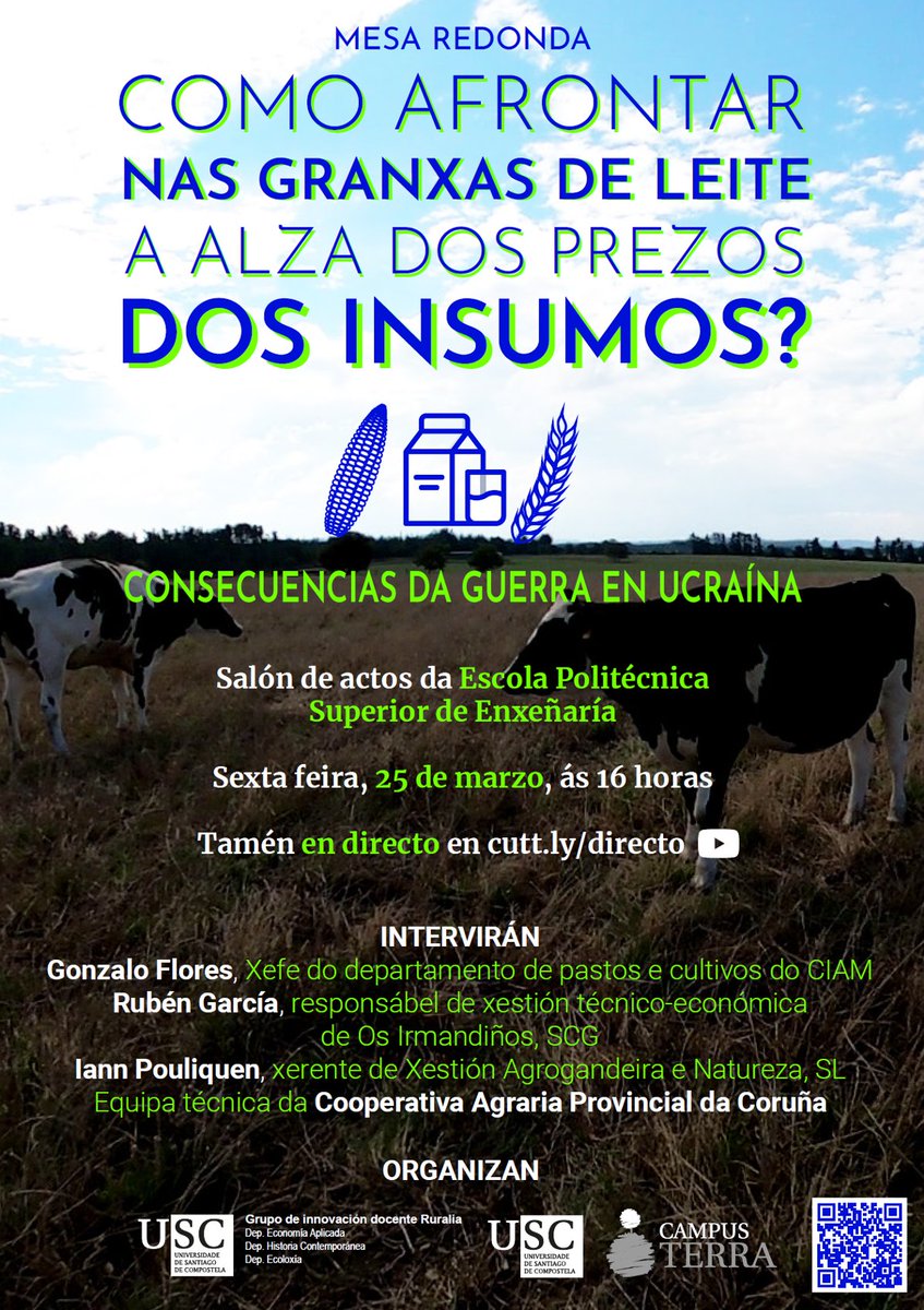 O <a href="/CampusTerraUSC/">Campus Terra USC</a> organiza este venres 25 unha mesa redonda para analizar como afrontar nas granxas de leite a alza dos prezos dos insumos provocados pola guerra en Ucraína. Será ás 16 h. na @EPSLugo, ainda que tamén se poderá seguir online aquí: cutt.ly/directo.