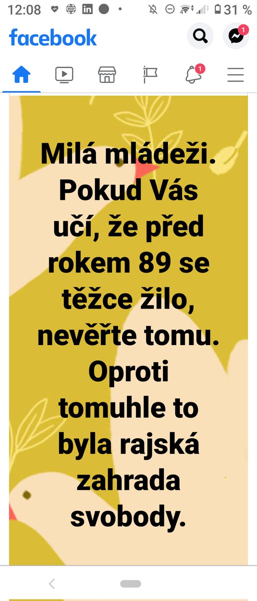 Můj bratranec sdílí tohle:
- má 2 kamiony, 2 byty, 2 auta (1x Mustanga), chatu, karavan, rybářský pozemek s chatkou, dcera je v USA na škole... Moje teta, jeho matka, měla obecní 2+1 pro 5 lidí, auto neměli vůbec a nadávala na komunisty ... 
Vy všichni jak tu jste tomu rozumíte?