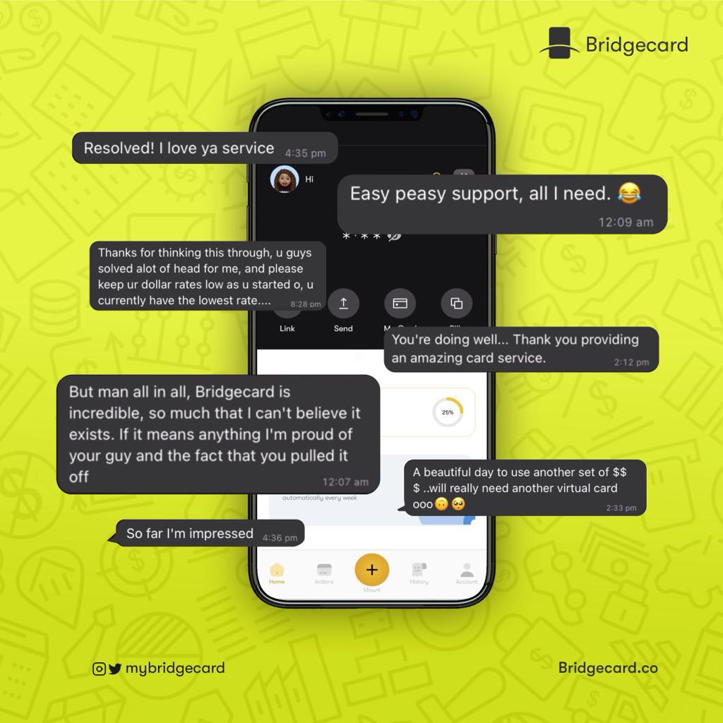 mybridgecard's tweet photo. We love to see it🥰.

Our private beta users already gushing over Bridgecard.

The wait might be over sooner than you think so watch out👀.
#Bridgecard #privatebeta #reviews https://t.co/g0MRzRovgr