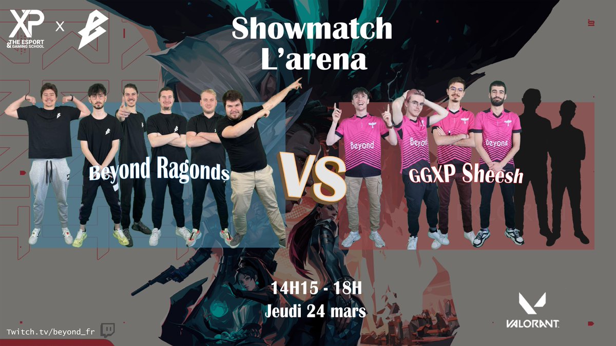 Beyond_FR's tweet photo. @xp_esport Voici les deux équipes qui vont s'affronter lors de notre Showmatch #𝑽𝑨𝑳𝑶𝑹𝑨𝑵𝑻 à partir de 14h ! ⚔️

Beyond Ragonds 🆚 GGXP SHEESH

#GoBeyond https://t.co/N14kv2GGAp