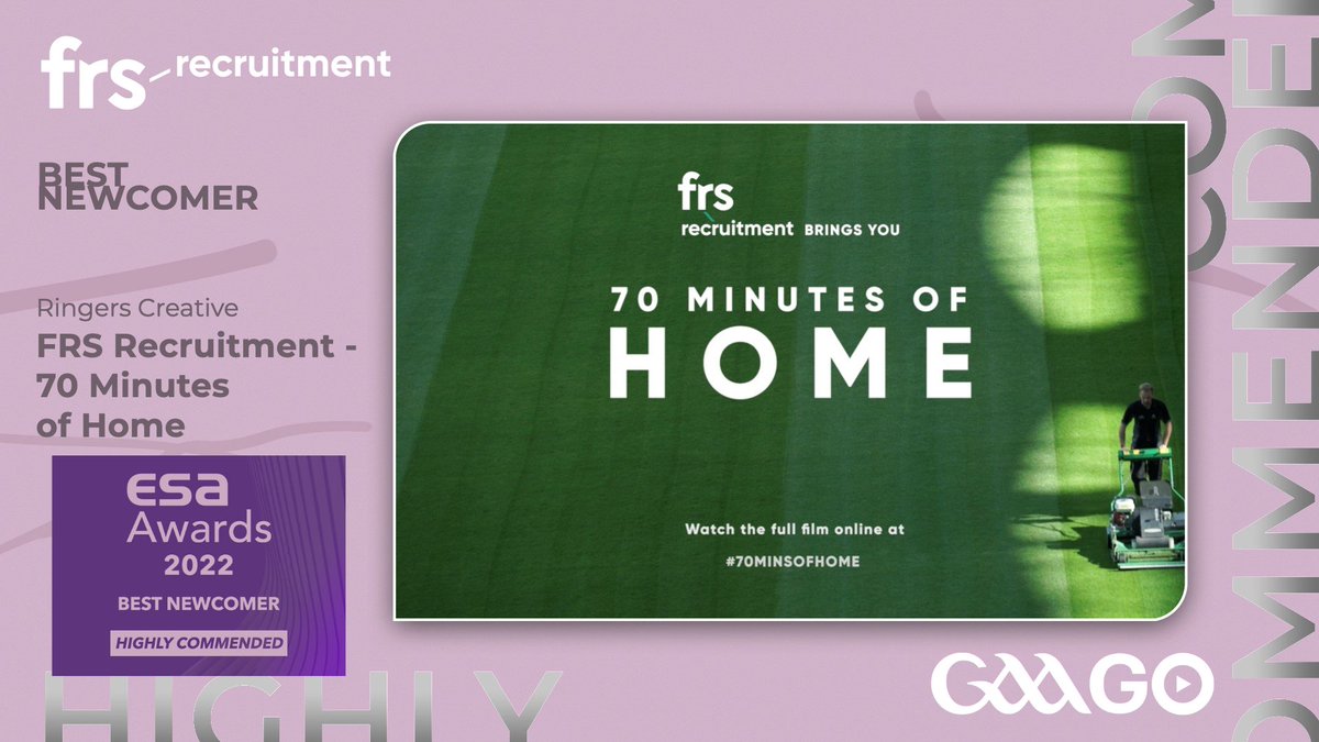 FrsRecruitment's tweet photo. Our #70minsofhome campaign was Highly Commended for Best Newcomer at the @EuropSponsAssoc awards! We are so proud of this campaign & honoured to get European recognition! Thanks to our partners @RingersCreative & @GAAGO #weworkforyou #ESAawards #70minsofhome #IrelandIsHiring https://t.co/HALw0ZInY2