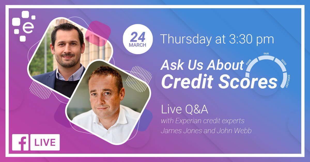 ExperianExperts's tweet photo. What does my credit score mean for my money? 💸 How can I improve it? 📈
Join us for a LIVE credit score Q&A on our Facebook page – TODAY at 3:30pm
Click here to get a reminder 👉 https://t.co/0Yhb3F55sR #CreditAwarenessWeek https://t.co/HYKUVnpvtN