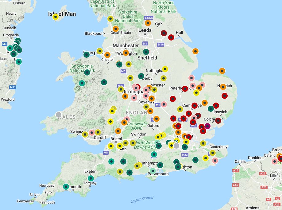 gmrpetricca's tweet photo. Air quality is already low in central & E #England due to continued anticyclone presence.
The 11am GMT map, with data from @davisinst #AirLink stations follows the UK #DAQI, showing places (in pink to dark red) in Moderate to High pollutant bands.
Info: https://t.co/OZzKqAMRDB https://t.co/wjkEubQfEg