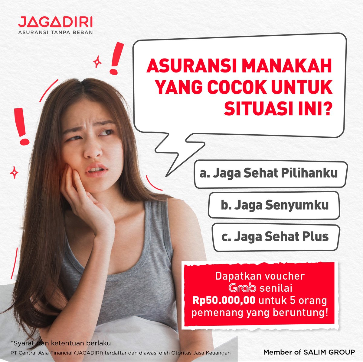 JAGADIRI_ID's tweet photo. Sakit gigi bikin gak bisa ngapa-ngapain, pakai asuransi yang bisa berikan perlindungan untuk penyakit gigi dari JAGADIRI yuk. Bisa tebak nama asuransinya? Jawab dan dapetin voucher Grab senilai Rp50.000,00! https://t.co/4Ew9zKL51r
