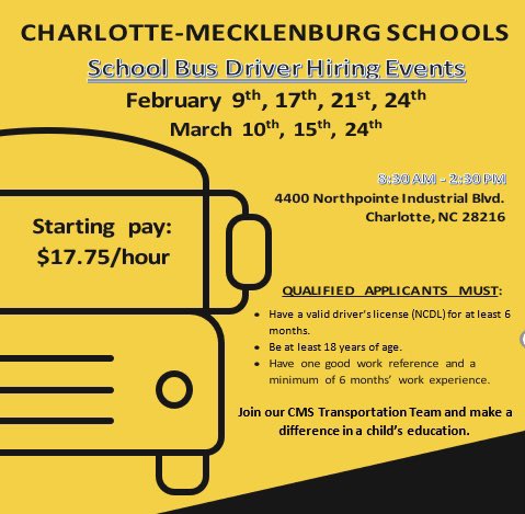 We’re hiring bus drivers! Stop by our hiring event today. #wearecms   cms.k12.nc.us/CMSDEPARTMENTS…