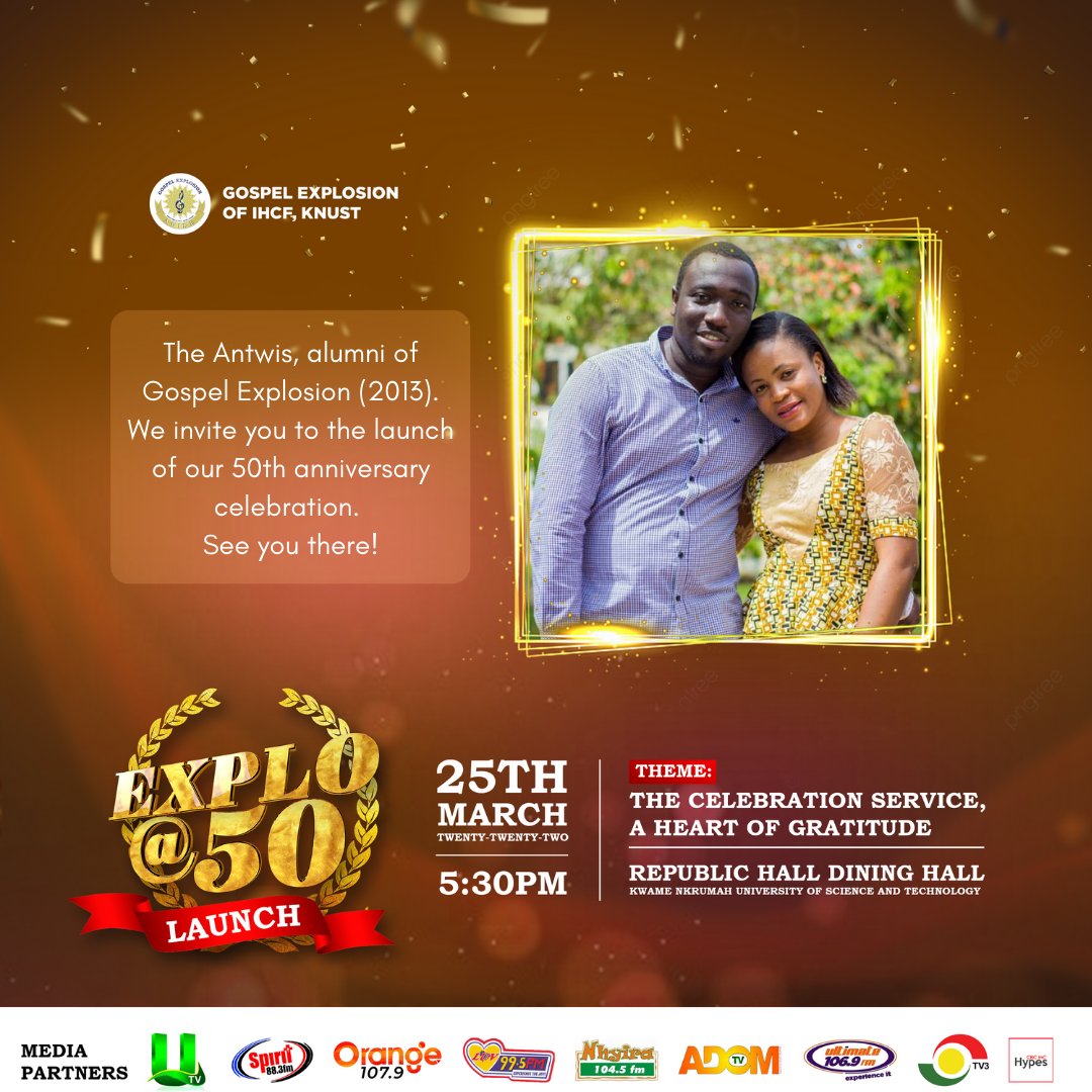 gospelexploinc's tweet photo. Did you find your spouse in Explo ?
Gospel Explosion's 50th Anniversary
Theme: Celebration Service: A Heart of Gratitude on 25th March 2022 at 5:30pm Repu Hall, KNUST
#ExploAt50
#Abideoo
#WeAre50 https://t.co/GWHMIXr0Om
