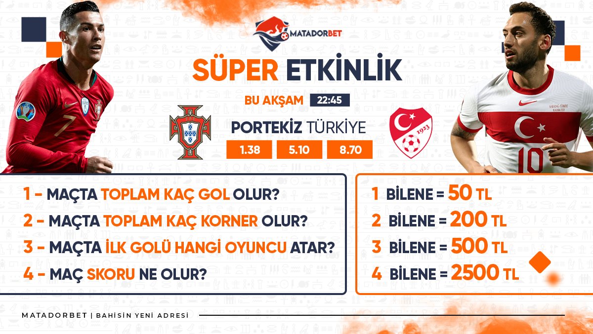 matadorsosyal's tweet image. 🌟#Matadorbet'te Süper Etkinlik.!

⚽️#Portekiz⚔️ #Türkiye⚽️

🎯Verilen soruları doğru yanıtla⬇️
💰 2500₺ nakit senin olsun.!

📲Bizi takip et, RT yap, arkadaşlarını etiketle!

🔗Katılmak için: bit.ly/mtdrform3