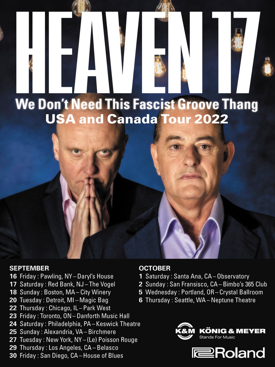 We are thrilled to announce our postponed and much anticipated US / Canada tour for this September / October. Sooo looking forward to seeing all our trans-Atlantic fans - Love you all - Get down! xx Tickets via our live page: heaven17.com/live-dates