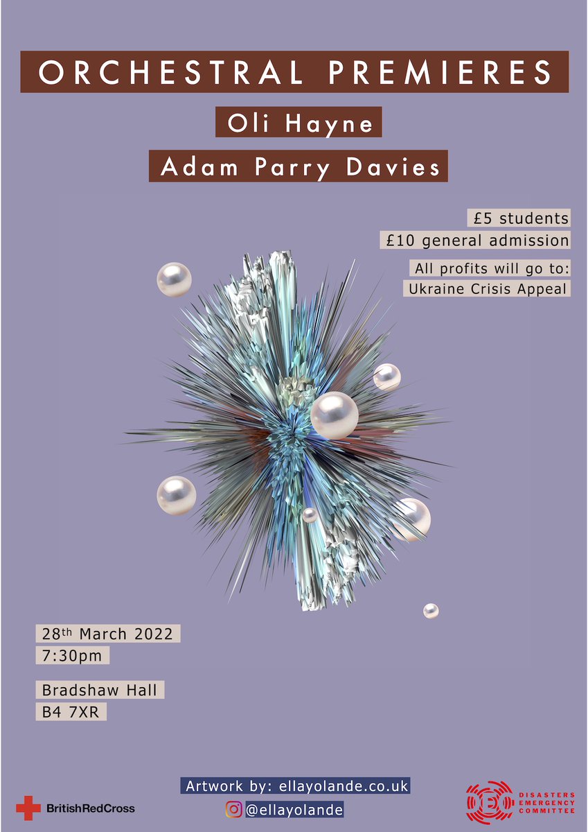 Two new orchestral pieces by myself and Adam Parry-Davies will be premiered on Monday 28th March at 19:30 @BirmCons
Some amazing musicians will be performing our music  so hopefully see lots of people there! Tickets and more info here: bcu.ac.uk/conservatoire/… #birminghamnewmusic