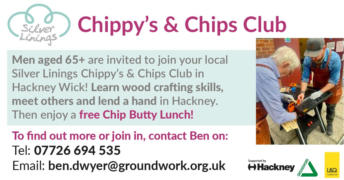 N1Clare's tweet photo. #Hackney folk, please share this with your neighbours who might be interested in our new #silverliningshackney club where they can come and get #crafty with wood!
@LQHomesMatter @hackneycouncil @mayorofhackney @ClareMPotter @GroundworkLON https://t.co/1MIdTTMlzs