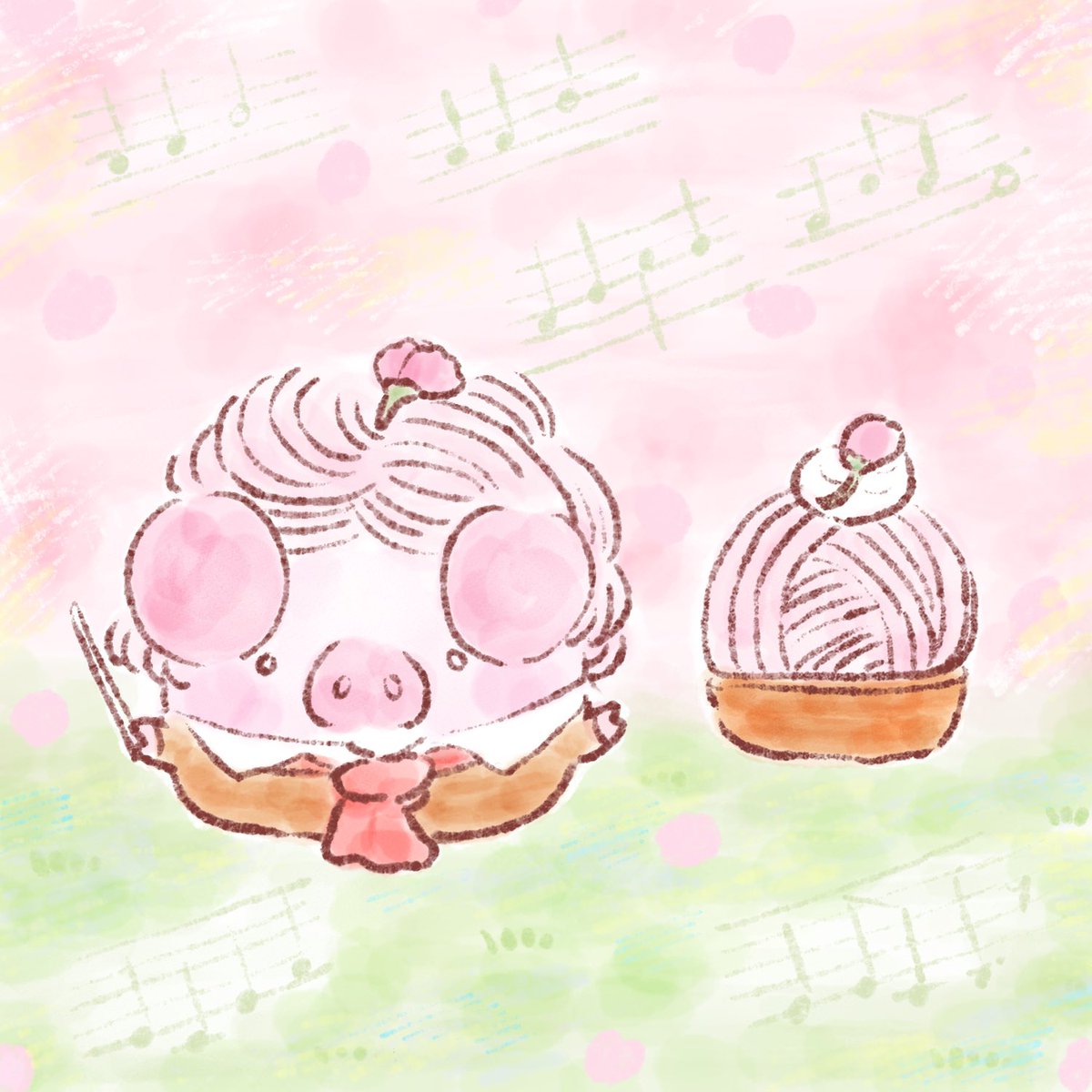 桜もちのブタ、桜ブタが桜モンブランのベートーヴェンに変身🐷🌸🎶

#さくら #イラスト好きさんと繋がりたい #イラスト #ほのぼの #さくらブタ
 #桜のモンブラン #さくらさくら #パルティ