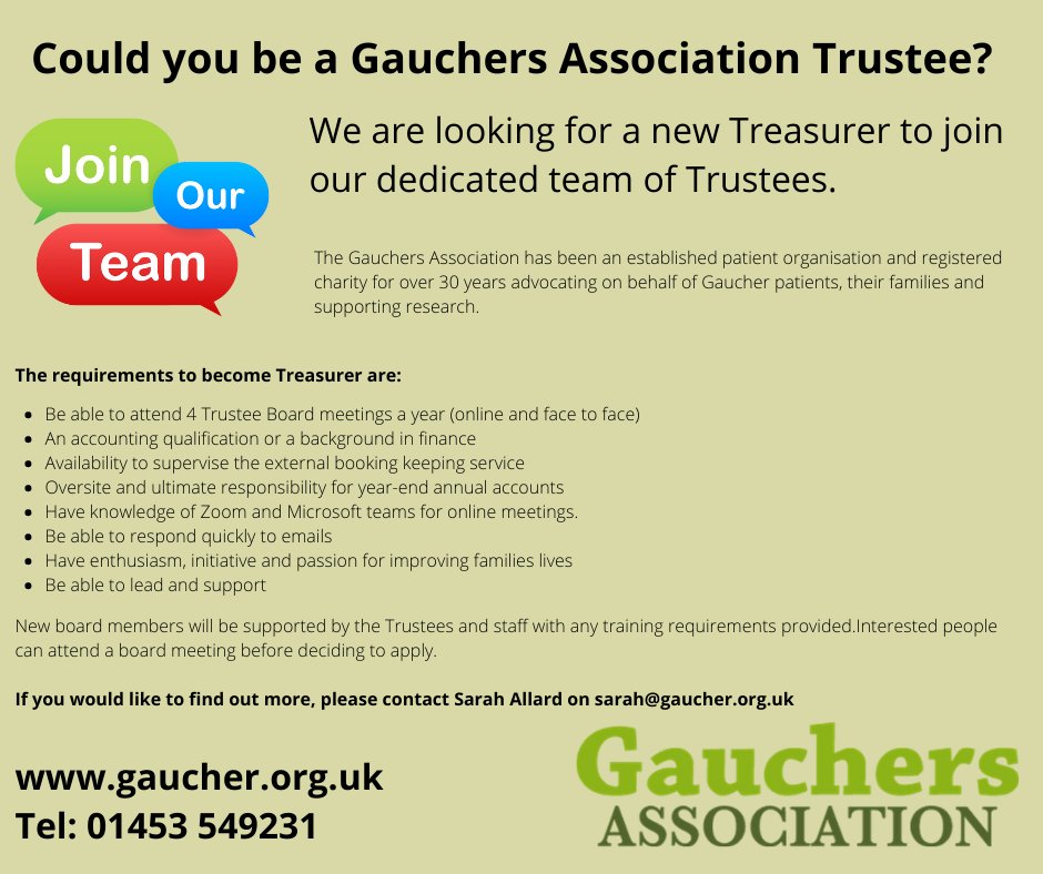 Do you have the right skills to join our small dedicated team? If you would like to give something back to the Gaucher community and find out more get in touch with Sarah in the office on sarah@gaucher.org.uk #Gaucher #TogetherWeAreStronger #Trustee #Treasurer #SmallCharity