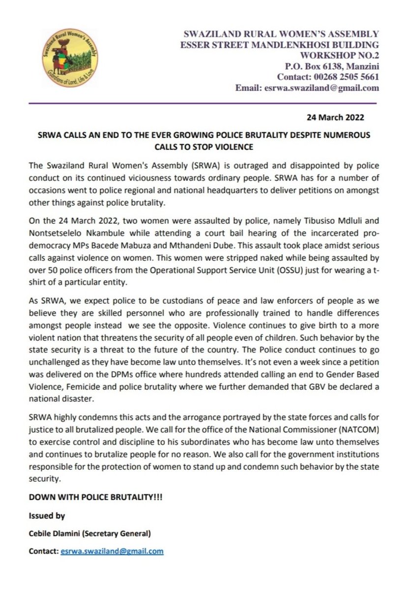 RuralWomen3's tweet photo. SRWA STATEMENT ON POLICE BRUTALITY
#UnearthingTheRootCausesOfGBV
#EndPoliceBrutality https://t.co/1yGn7pQuHA