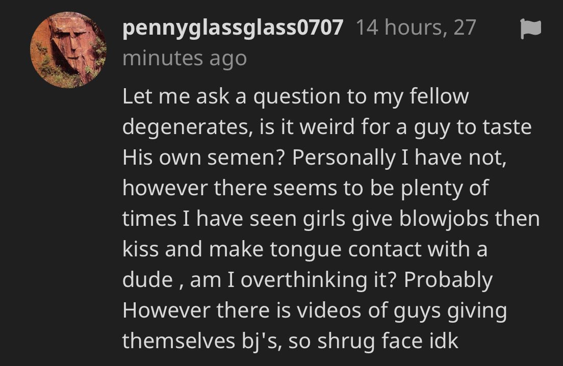 NHNTCMMNTS's tweet photo. degenerate tastes his own semen https://t.co/s2nRnAL0GQ