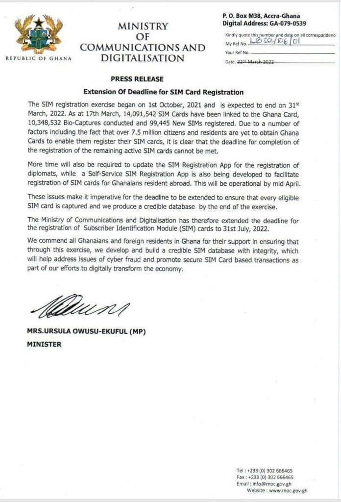 ceejaytv_gh's tweet photo. SIM CARd REGISTRATION EXTENDED TO 31ST JULY 2022

#ceejaytv https://t.co/GeyASRGRlp