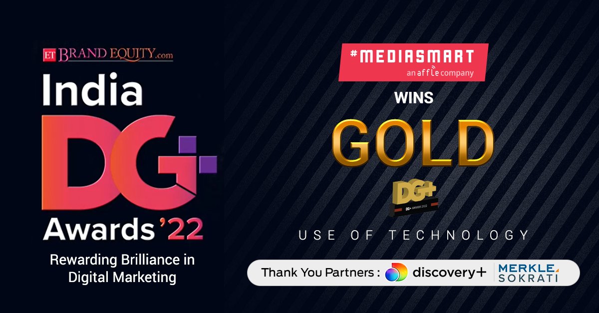 mediasmartio's tweet photo. We are thrilled to announce that mediasmart's campaign for Discovery+ In Association with Merkle Sokrati has won GOLD at the prestigious #ETDigiPlus Awards 2022 by @ETBrandEquity for the category - Use of Technology.
Thank you partners @discoveryincTV @merklesokrati https://t.co/hseJhovhCz