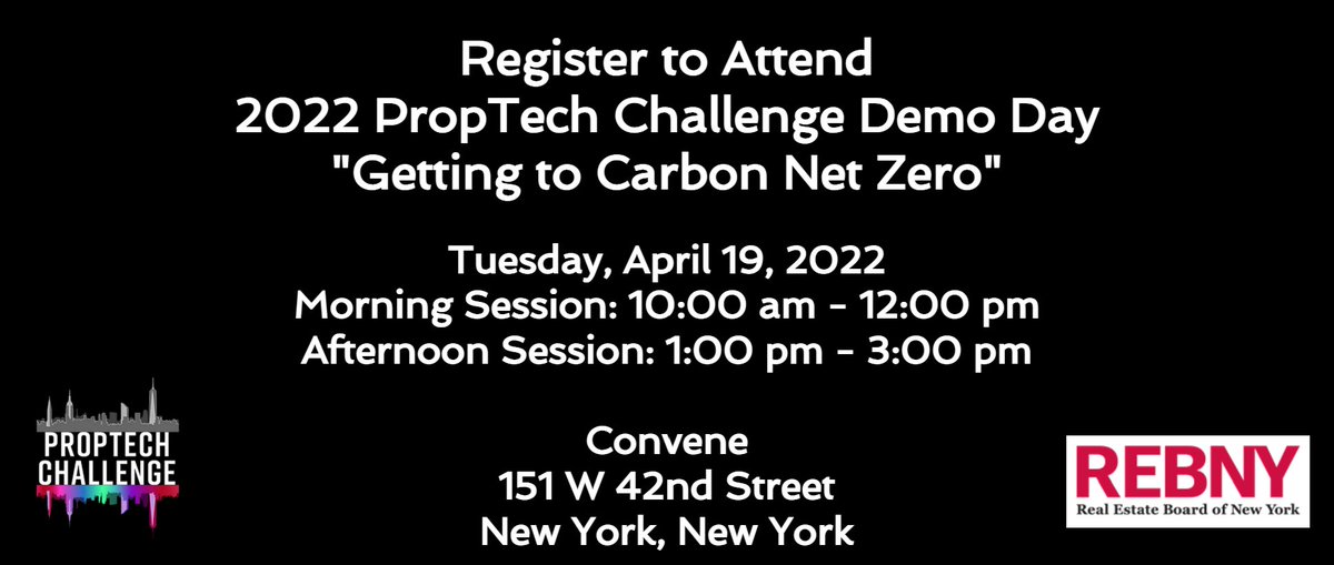 PropChallenge's tweet photo. Registration is open for @REBNY Getting to Carbon NetZero #PropTech Challenge Demo Day on 04/19 to be held live @Convene and virtually.  Sign up now to see #innovation in #sustrainability and getting #NYC to #GoGreen sponsored by @NYSERDA &amp; @commobserver - https://t.co/V6IRkWGI0s https://t.co/svKccE34qq