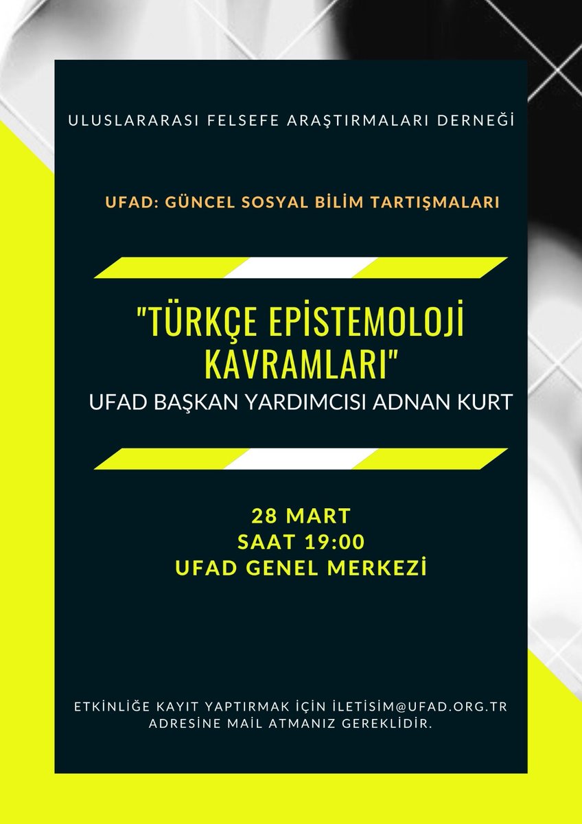 📍Uluslararası Felsefe Araştırmaları Derneği (UFAD) tarafından düzenlenen  "UFAD: Güncel Sosyal Bilim Tartışmaları"nın bu haftaki konuğu UFAD Başkan Yardımcısı Adnan Kurt
👉Katılmak için📩iletisim@ufad.org.tr