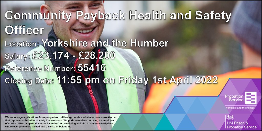 👀Vacancy: Community Payback Health and Safety Officer
🗺️Location: #Yorkshire and the #Humber
💷Salary: £23,174 - £28,200
🗓️Closing Date: 11:55 pm on Friday 1st April 2022
👉Apply: bit.ly/3uIT66T