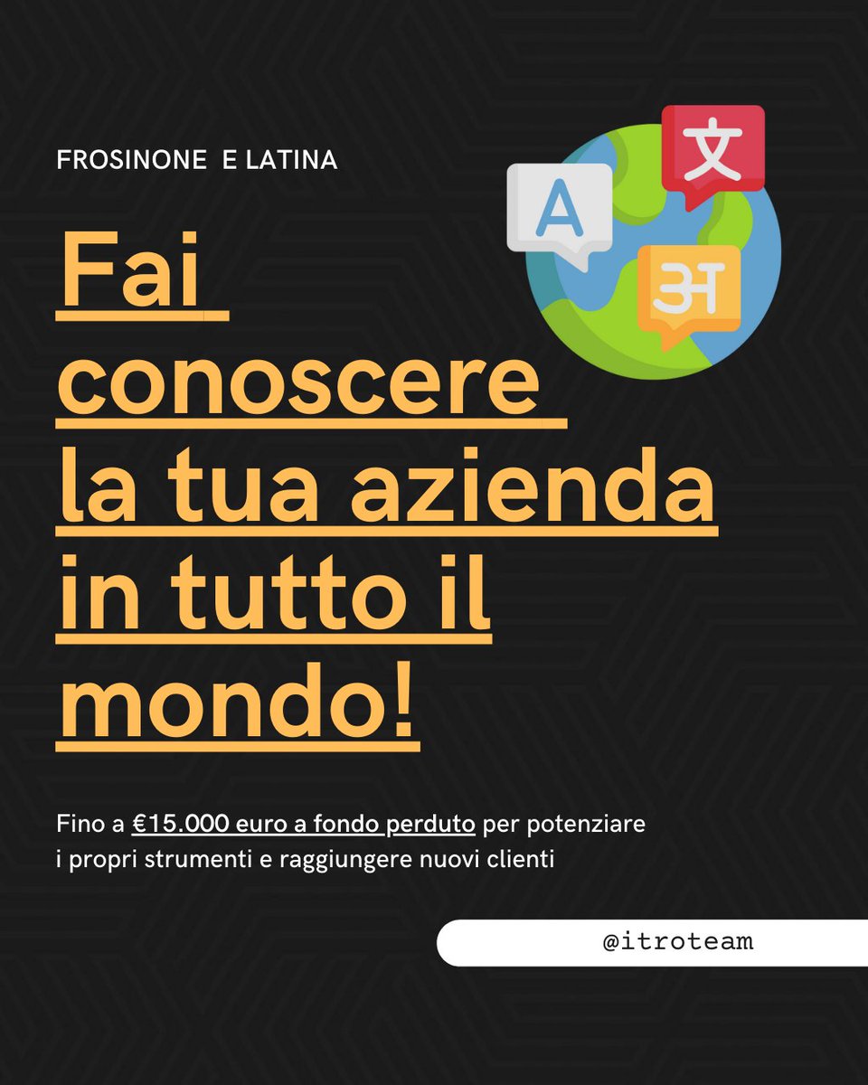 TarquiniLab's tweet image. €15.000 a fondo perduto messi a disposizione per le piccole e medie imprese di Frosinone e Latina!
Questo contributo può essere utilizzato per ogni tipo di attività che permetta alle aziende di farsi notare a livello internazionale.  
Contattaci e proponici la tua idea.