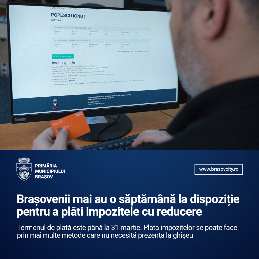 PrimariaBrasov's tweet photo. Brașovenii mai au la dispoziție o săptămână, până în 31 martie, pentru a-și achita obligațiile față de bugetul local. 

https://t.co/3KQkxfIdec https://t.co/FkO9iSDkcV