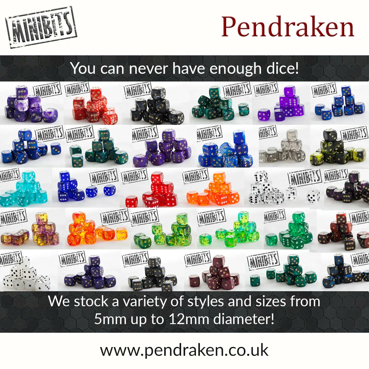 Minibits's tweet photo. You can never have enough dice!  If yours are running low on 6’s, maybe it’s time for some new ones…!  We’ve got a selection of D6’s in 10mm and 12mm diameters, plus some smaller 5mm and 7mm options: https://t.co/BbtpjqB3Yn 
#pendraken #wargaming #dice https://t.co/eIrS9sAXwn