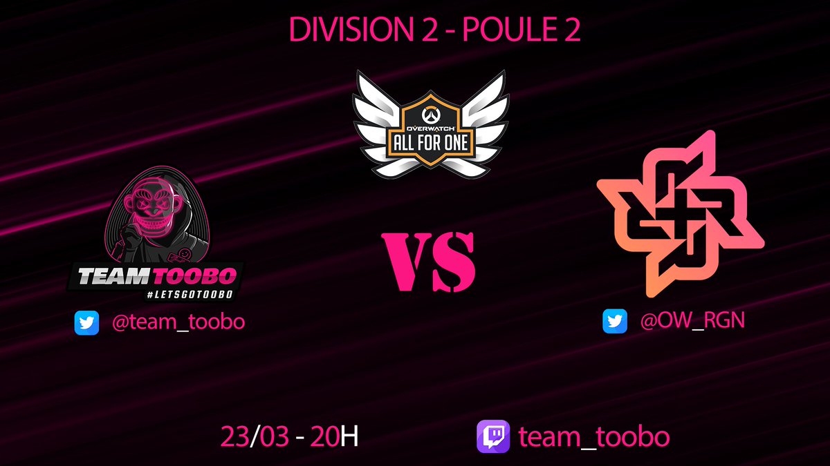 team_toobo's tweet photo. Ce soir nos Toobos jouent ce soir leur dernier match de stage 2 du @PlayAllForOneFR face aux @OW_RGN🙉

Retrouvez les dès 20h sur notre chaine Twitch pour les encourager🙈

#LetsGoToobo🐵

https://t.co/FZ1qcXqZM9 https://t.co/p7drKYFf6h