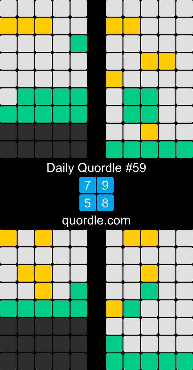 Daily Quordle #59
7️⃣9️⃣
5️⃣8️⃣
quordle.com