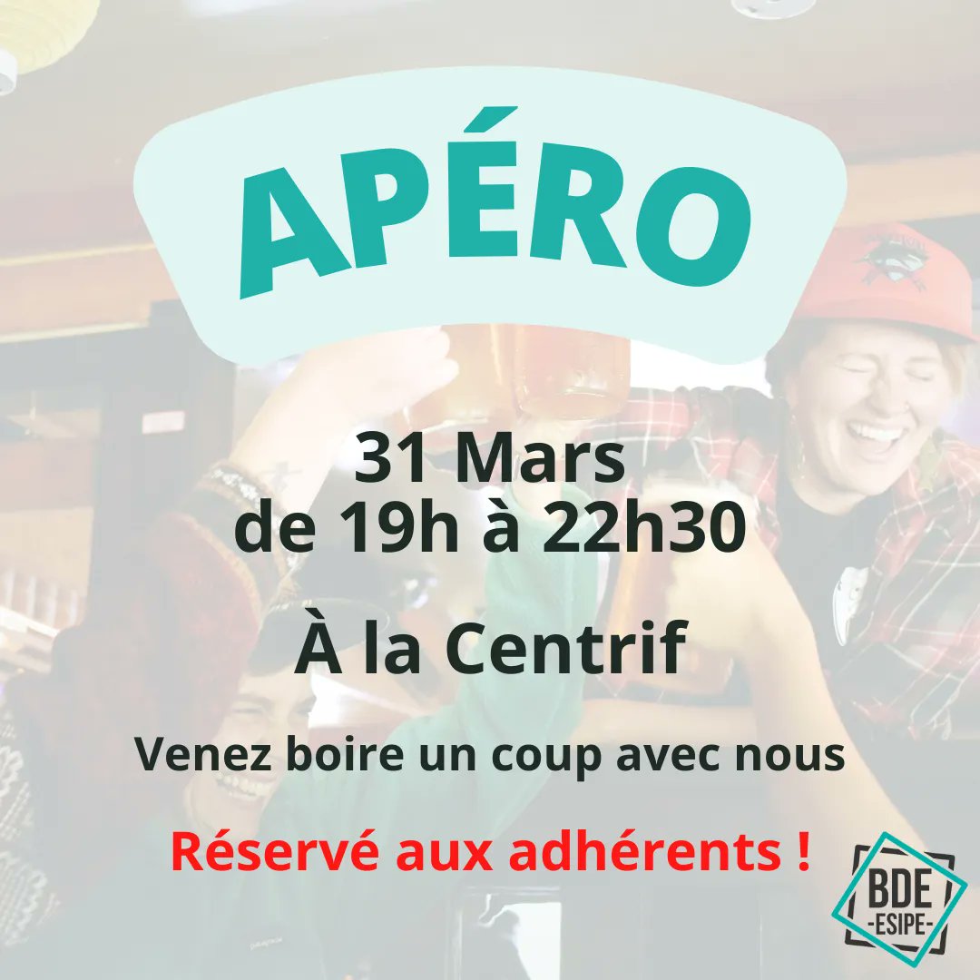 BDEESIPE's tweet photo. Hello les Esipiens, 🤩

Nous avons le plaisir de vous annoncer l'organisation du premier apéro de 2022 🍺
Il se déroulera à la date du 31 mars de 18h à 22h30 ! 🥳

ATTENTION !!!

- Réserver seulement aux adhérents
- ÉVACUATION DES LIEUX À 22H30

Bonne fin de journée à tous ! https://t.co/nD5yQTkzze
