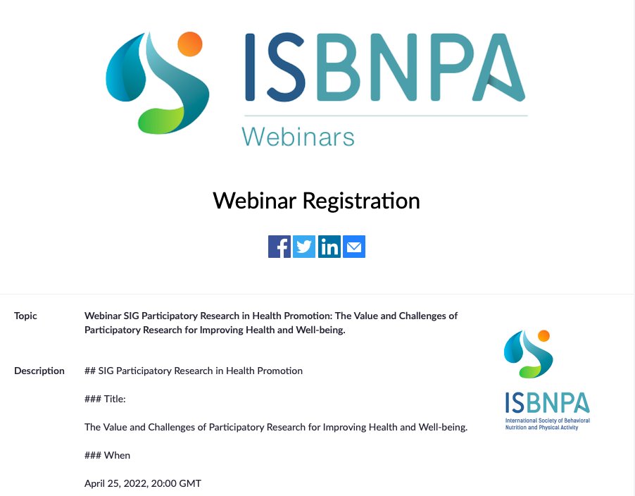 ISBNPA (@isbnpa) on Twitter photo #ISBNPA #Webinar SIG Participatory Research in Health Promotion: The Value and Challenges of Participatory Research for Improving Health and Well-being | Speaker: @JurkowskiJanine | Moderators: <a href="/TeatskeA/">Teatske Altenburg</a> and Maïté Verloigne | When: April 25 at 20:00GMT
👉 ow.ly/EL0F50Imt2z #ISBNPA #Webinar SIG Participatory Research in Health Promotion: The Value and Challenges of Participatory Research for Improving Health and Well-being | Speaker: @JurkowskiJanine | Moderators: <a href="/TeatskeA/">Teatske Altenburg</a> and Maïté Verloigne | When: April 25 at 20:00GMT
👉 ow.ly/EL0F50Imt2z