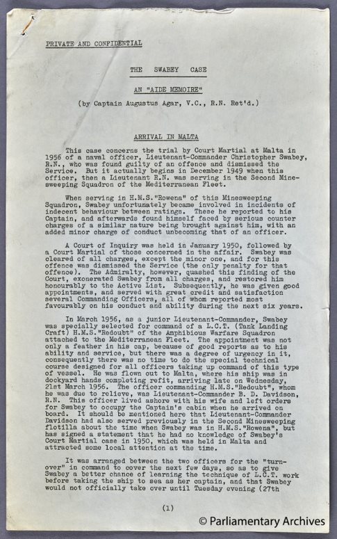 UKParlArchives's tweet photo. "The Swabey Case" was an enquiry into Lieutenant-Commander Christopher Swabey's dismissal from the Navy. The "indecent behaviour" leading to Swabey's dismissal was related to his LGBT identity. The enquiry followed 13 years of Swabey's campaigning &amp; self-advocacy. #TowerEquality https://t.co/ZZJ3loTFNo
