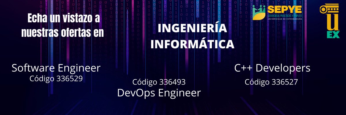 Oferta de empleo (informática)
Si tienes estudios en ingeniería informática, entra en nuestro Portal de empleo y echa un vistazo a estas ofertas:
portalempleo.unex.es/oferta/336527
portalempleo.unex.es/oferta/336493
portalempleo.unex.es/oferta/336529
#empleo #uex #extremadura