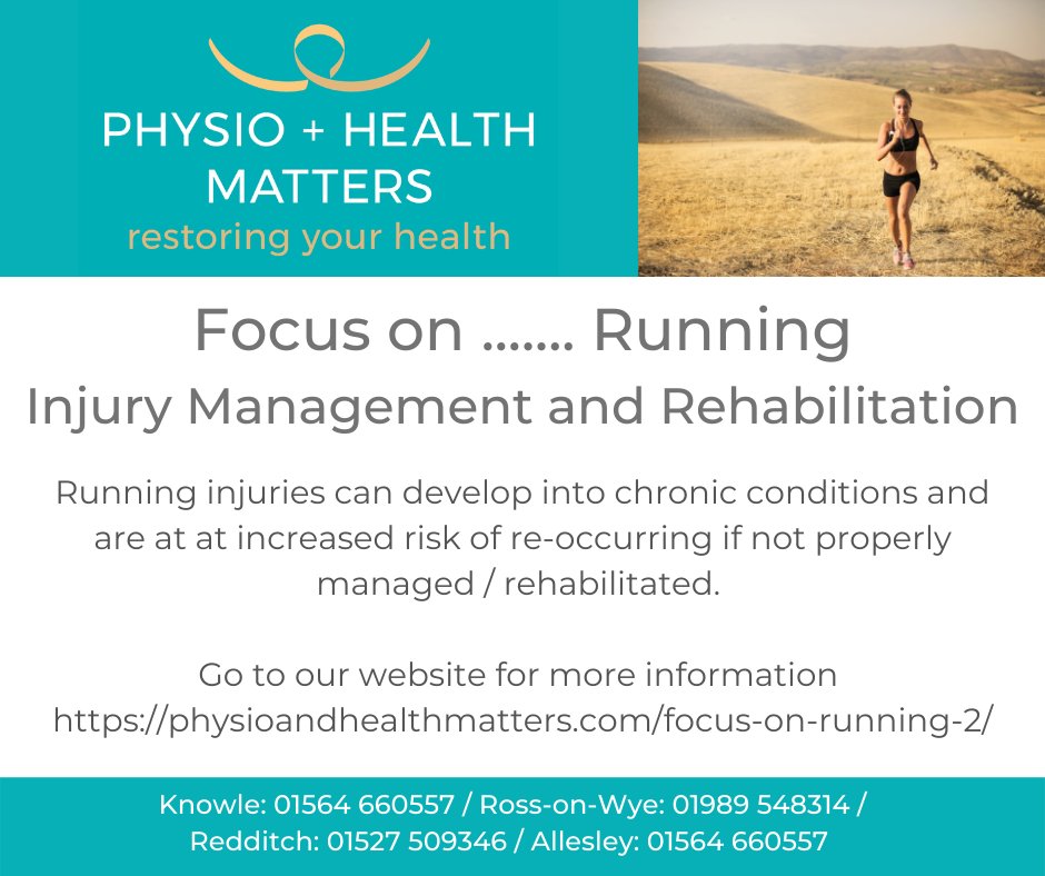 PhysioAndHealth's tweet photo. Focus on …. Running – Part 2
In this second piece on Running, we consider Injury Management and Rehabilitation
For more information go to https://t.co/LEXAs5qpso
#Physioandhealthmatters #Knowle #Rossonwye #Redditch #Allesley #Running #Rehabilitation https://t.co/wi33ni9jGr
