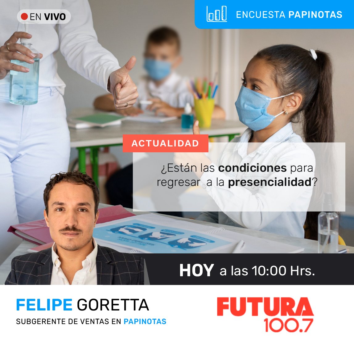 PapinotasCL's tweet photo. Los invitamos a ver la programación de hoy en Radio Futura de Talca, a las 10:00 Hrs. https://t.co/e71MkRA92l

Estaremos junto a nuestro Subgerente de ventas Felipe Goretta, conversando sobre la encuesta realizada por Papinotas a más de 1.000 personas de la comunidad educativa. https://t.co/KFLBDPa4tO