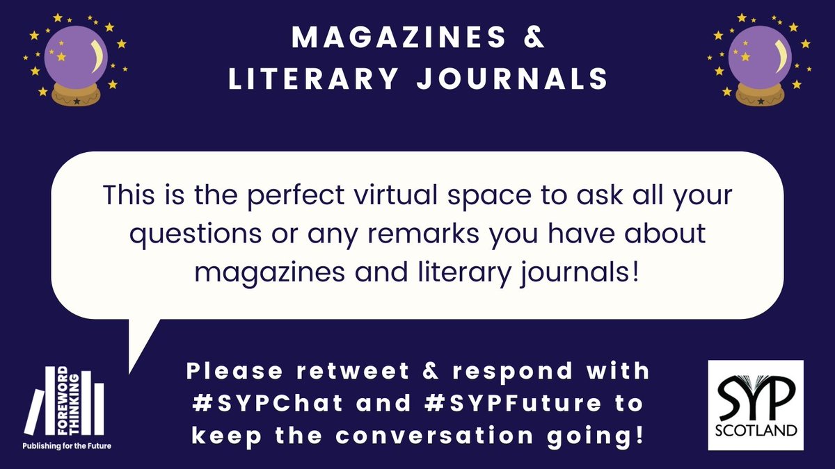 SYPScotland's tweet photo. This is the perfect virtual space to ask all your questions or any remarks you have about magazines and literary journals. 

#SYPChat #SYPFuture https://t.co/TrtmhGxr9q