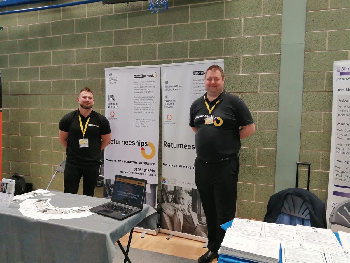 R_Potential's tweet photo. Stephen and Andrew are at Walsall Expo today, promoting our upcoming courses in the West Midlands area! Come along for a chat! 👋🏻📘💻 #Returneeships #WorkThisWay @JCPInTheBC @WestMids_CA https://t.co/q6OKrSYe0t