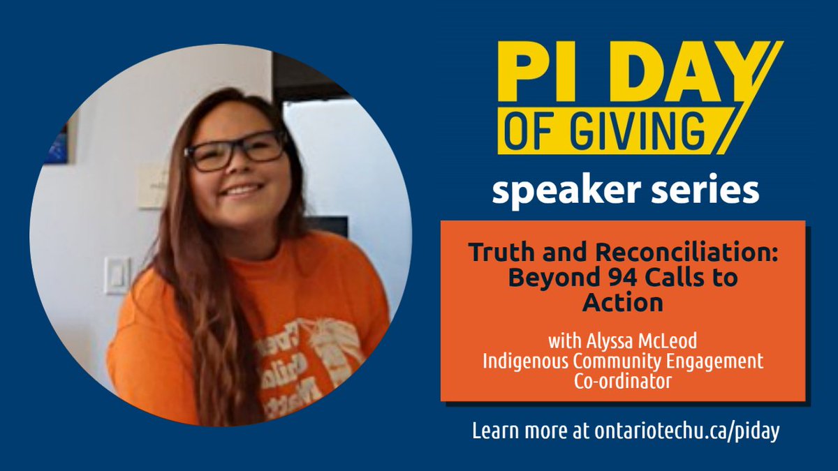 ontariotech_u's tweet photo. Join us today at noon for the #OntarioTechPiDay Speaker Series as Alyssa McLeod of Indigenous Education and Cultural Services discusses the #TRCReport, its 94 Calls to Action and how we can all contribute to reconciliation efforts.
Register at https://t.co/BG38UeZSSy. https://t.co/jZUjS8W6UB