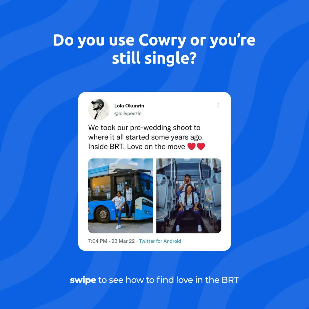paywithcowry's tweet photo. People are here finding love while using Cowry on BRT. Check second slide for the steps to finding love on BRT....don't say we didn't do anything for you ๐
It's the love on the move for us ๐ฅฐ
.
Cc @lollypeezle
.
#cowry #cowrycard #CowryLagos #OneCowryOneLagos #cowrytribe https://t.co/Pv6HlohZUK
