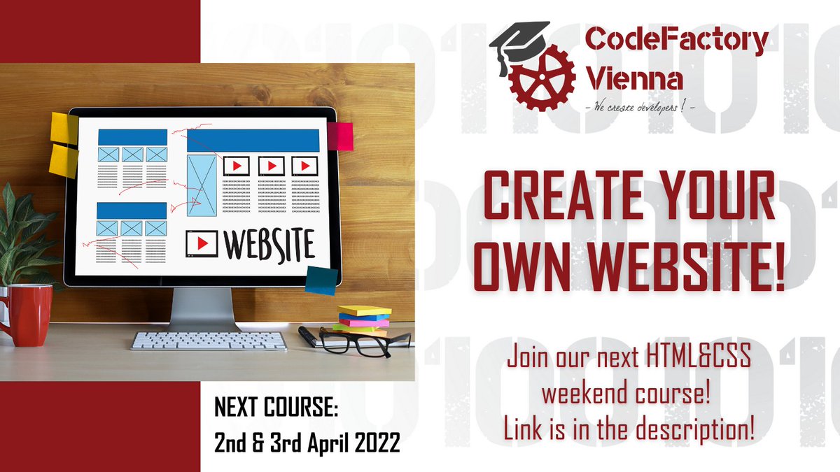 CodeFactoryVIE's tweet image. Get ready to create your own website in just 2 days! 💪
Join our next basic weekend course now:
codefactory.wien/en/basiskurs-h…
Date: 2nd &amp; 3rd April 2022 ‼
---
#learntocode #it #htmlcodes  #web #developer #html #css #beginner #basic #course #wecreatedevelopers #weekend
